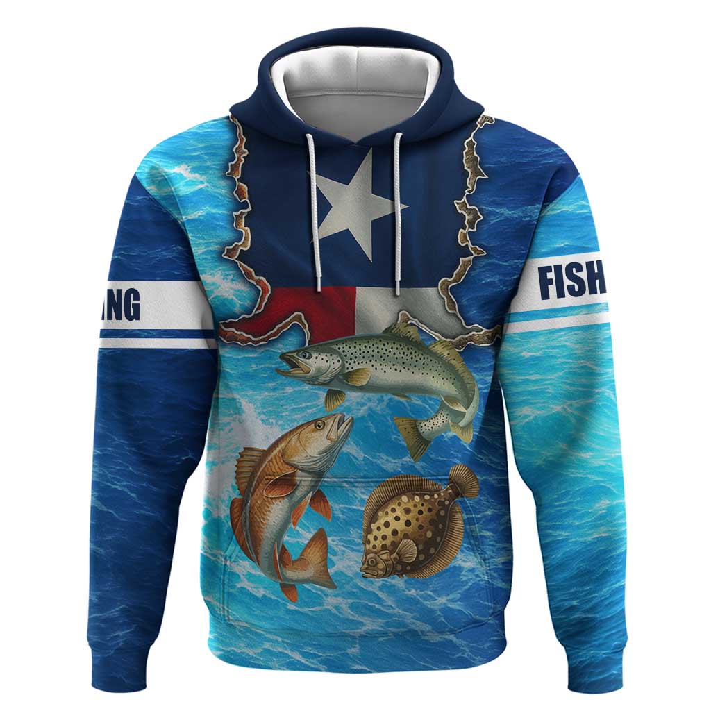 Texas Flag Fishing Hoodie with Ocean Fish Graphic and Blue Water Background TS04