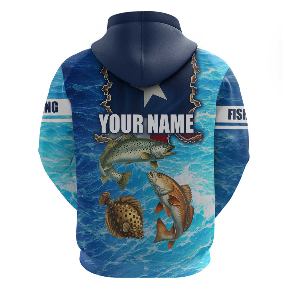 Texas Flag Fishing Hoodie with Ocean Fish Graphic and Blue Water Background TS04