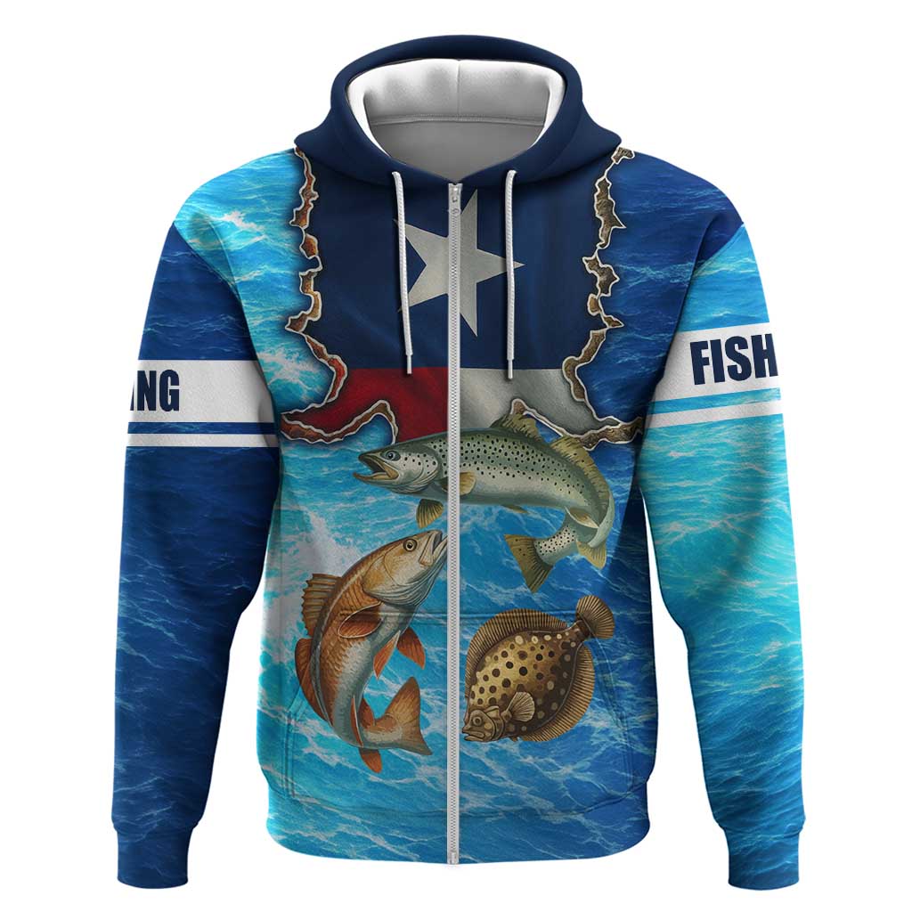 Texas Flag Fishing Hoodie with Ocean Fish Graphic and Blue Water Background TS04
