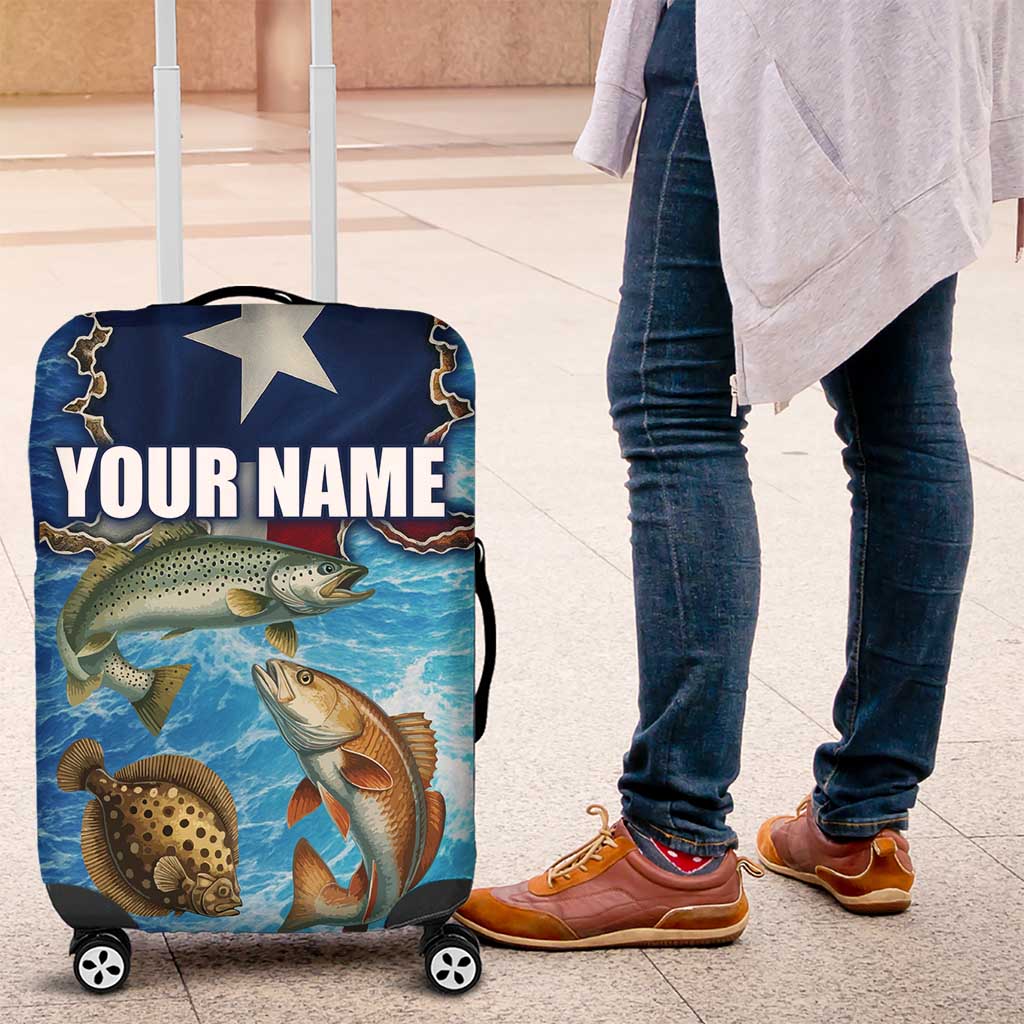Texas Flag Fishing Luggage Cover with Ocean Fish Graphic and Blue Water Background TS04