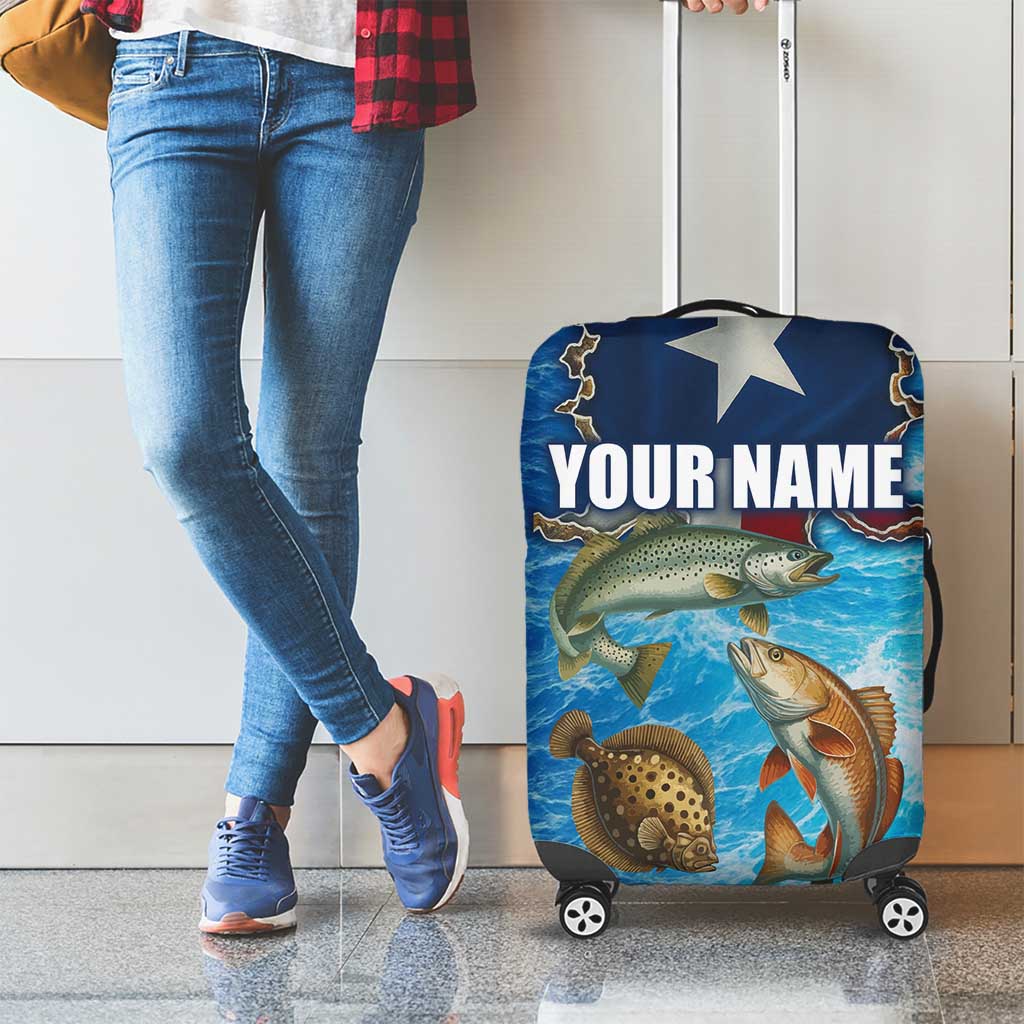 Texas Flag Fishing Luggage Cover with Ocean Fish Graphic and Blue Water Background TS04