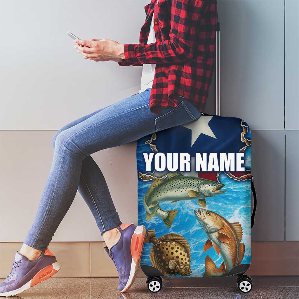 Texas Flag Fishing Luggage Cover with Ocean Fish Graphic and Blue Water Background TS04