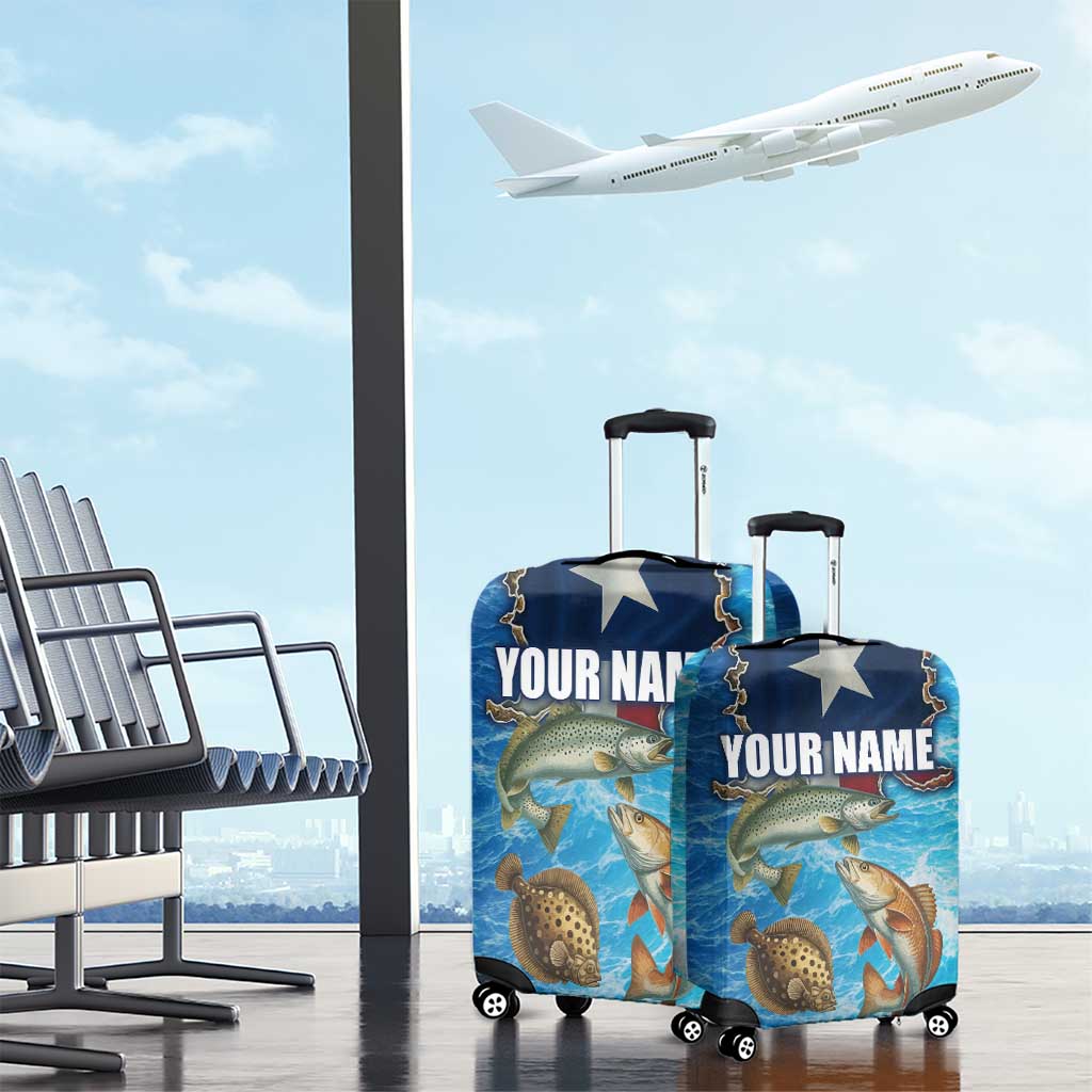 Texas Flag Fishing Luggage Cover with Ocean Fish Graphic and Blue Water Background TS04