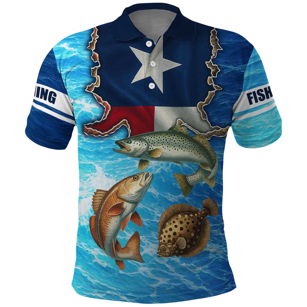 Texas Flag Fishing Polo Shirt with Ocean Fish Graphic and Blue Water Background TS04