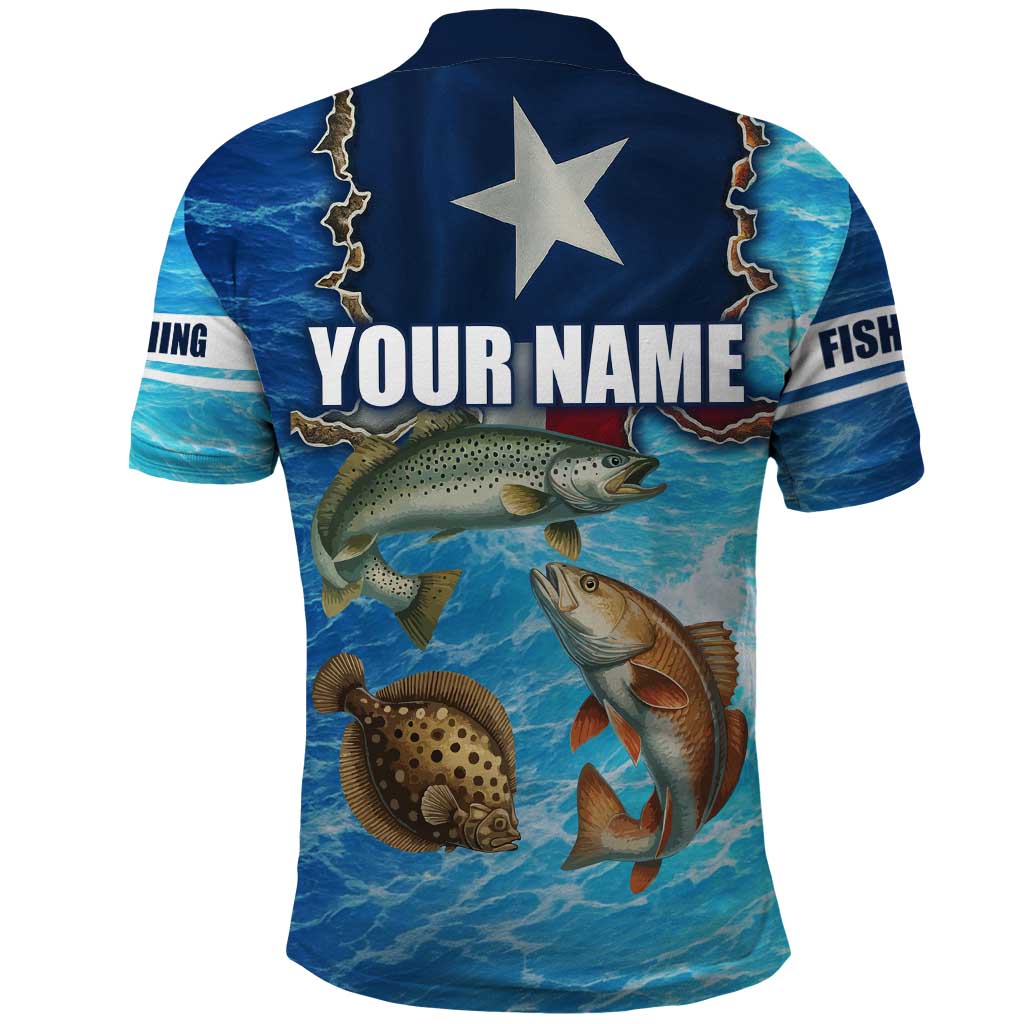 Texas Flag Fishing Polo Shirt with Ocean Fish Graphic and Blue Water Background TS04
