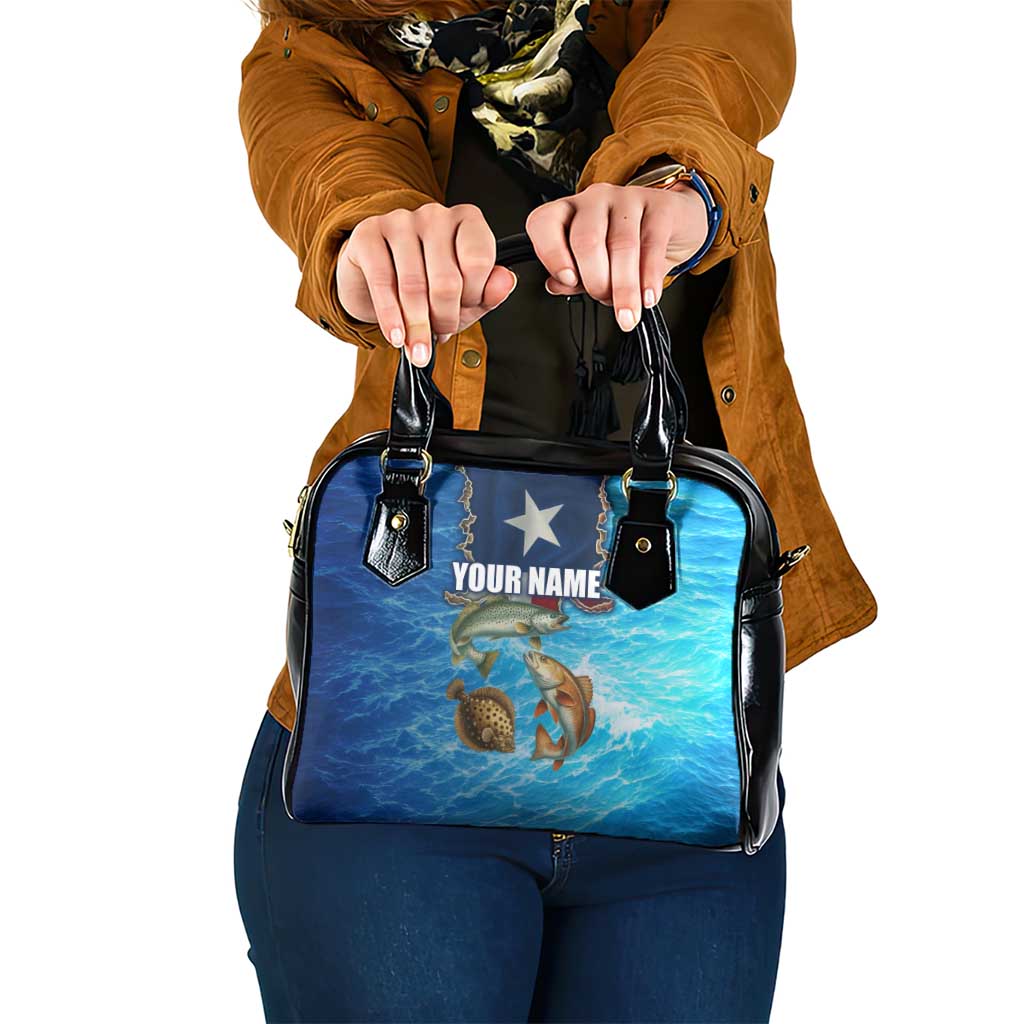 Texas Flag Fishing Shoulder Handbag with Ocean Fish Graphic and Blue Water Background TS04