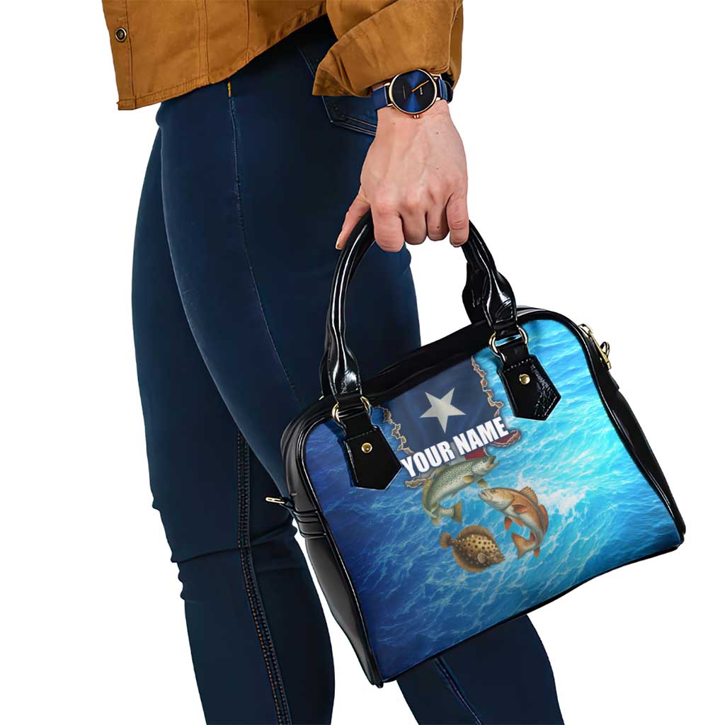 Texas Flag Fishing Shoulder Handbag with Ocean Fish Graphic and Blue Water Background TS04