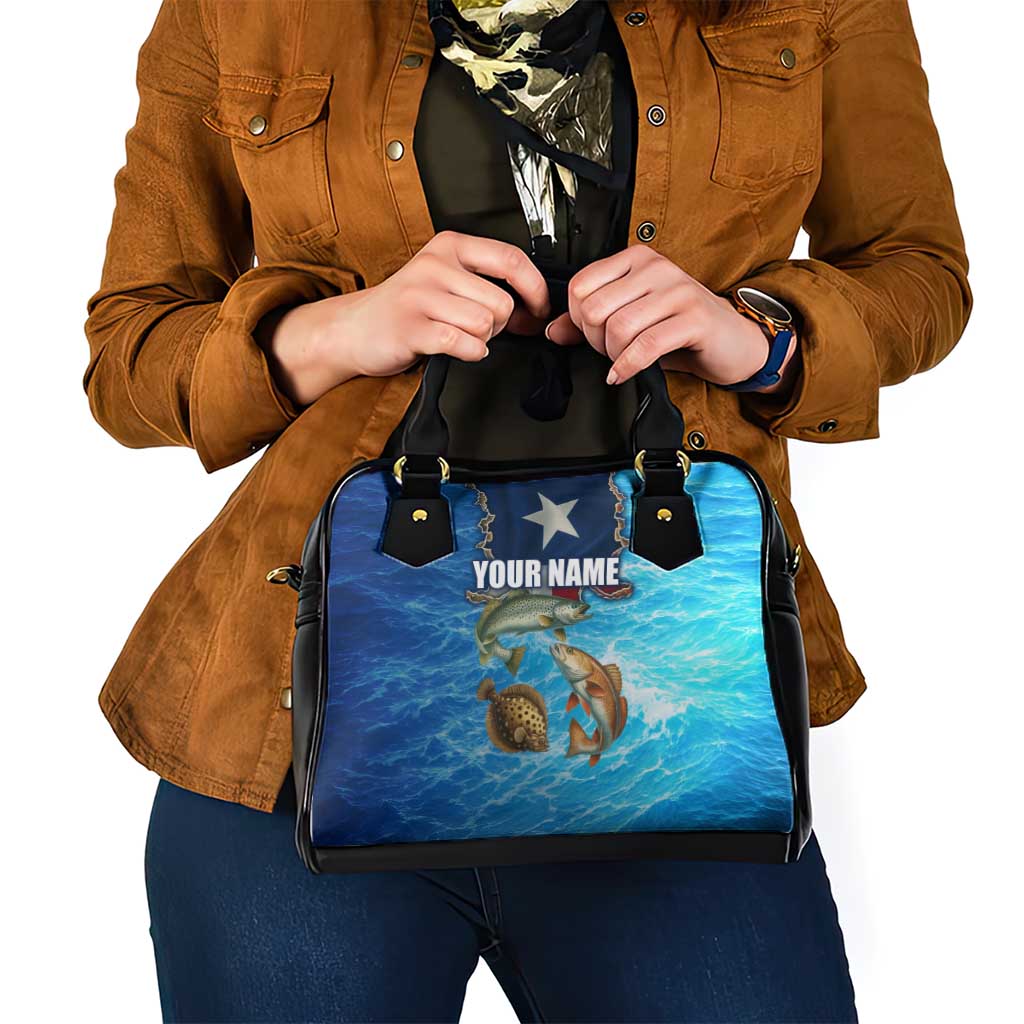 Texas Flag Fishing Shoulder Handbag with Ocean Fish Graphic and Blue Water Background TS04