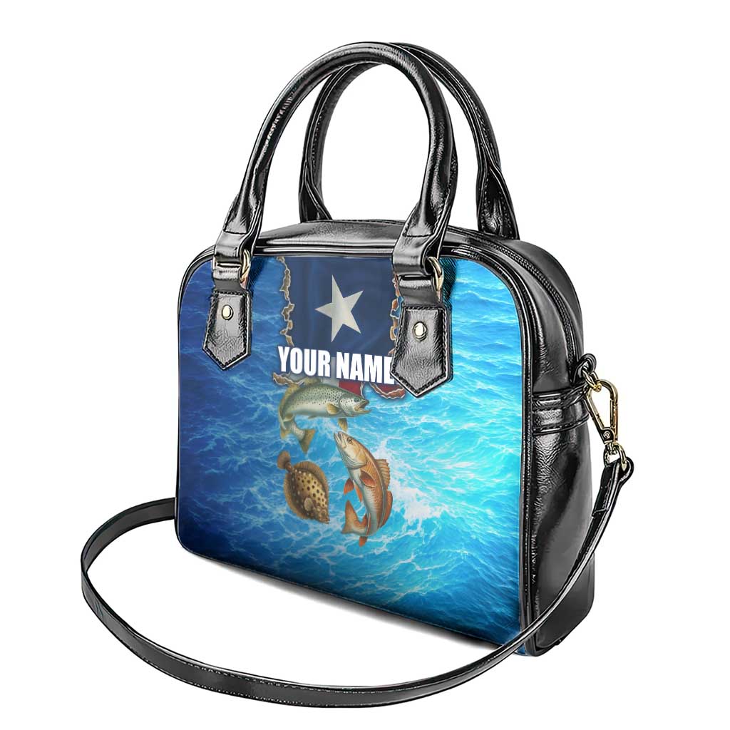 Texas Flag Fishing Shoulder Handbag with Ocean Fish Graphic and Blue Water Background TS04