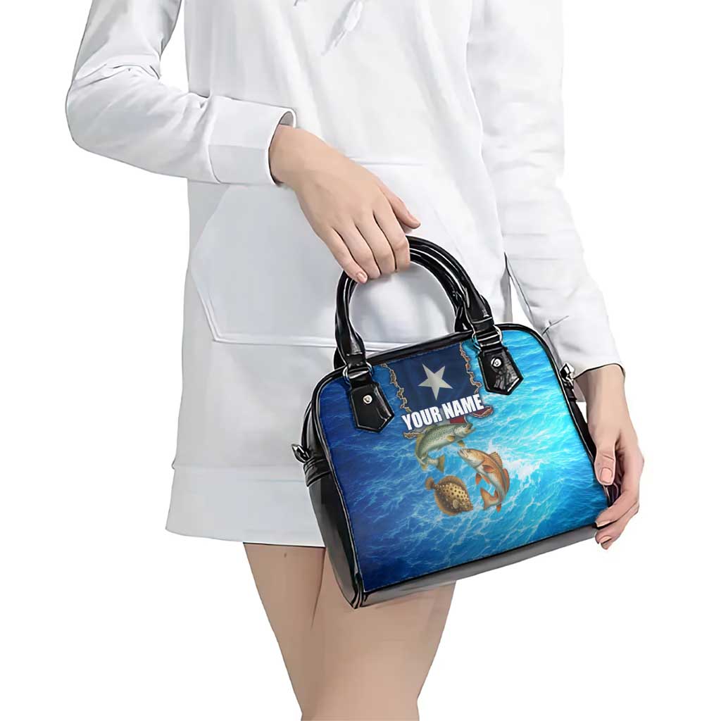 Texas Flag Fishing Shoulder Handbag with Ocean Fish Graphic and Blue Water Background TS04