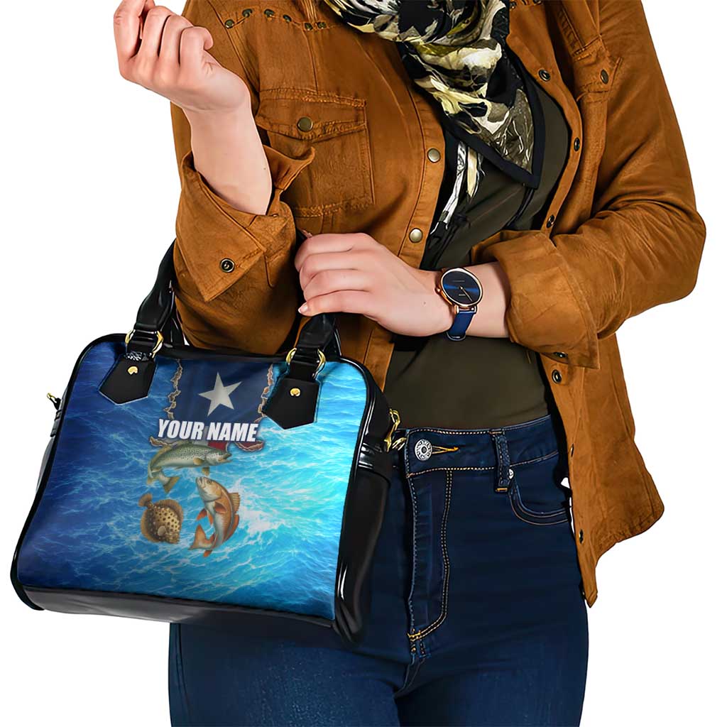 Texas Flag Fishing Shoulder Handbag with Ocean Fish Graphic and Blue Water Background TS04