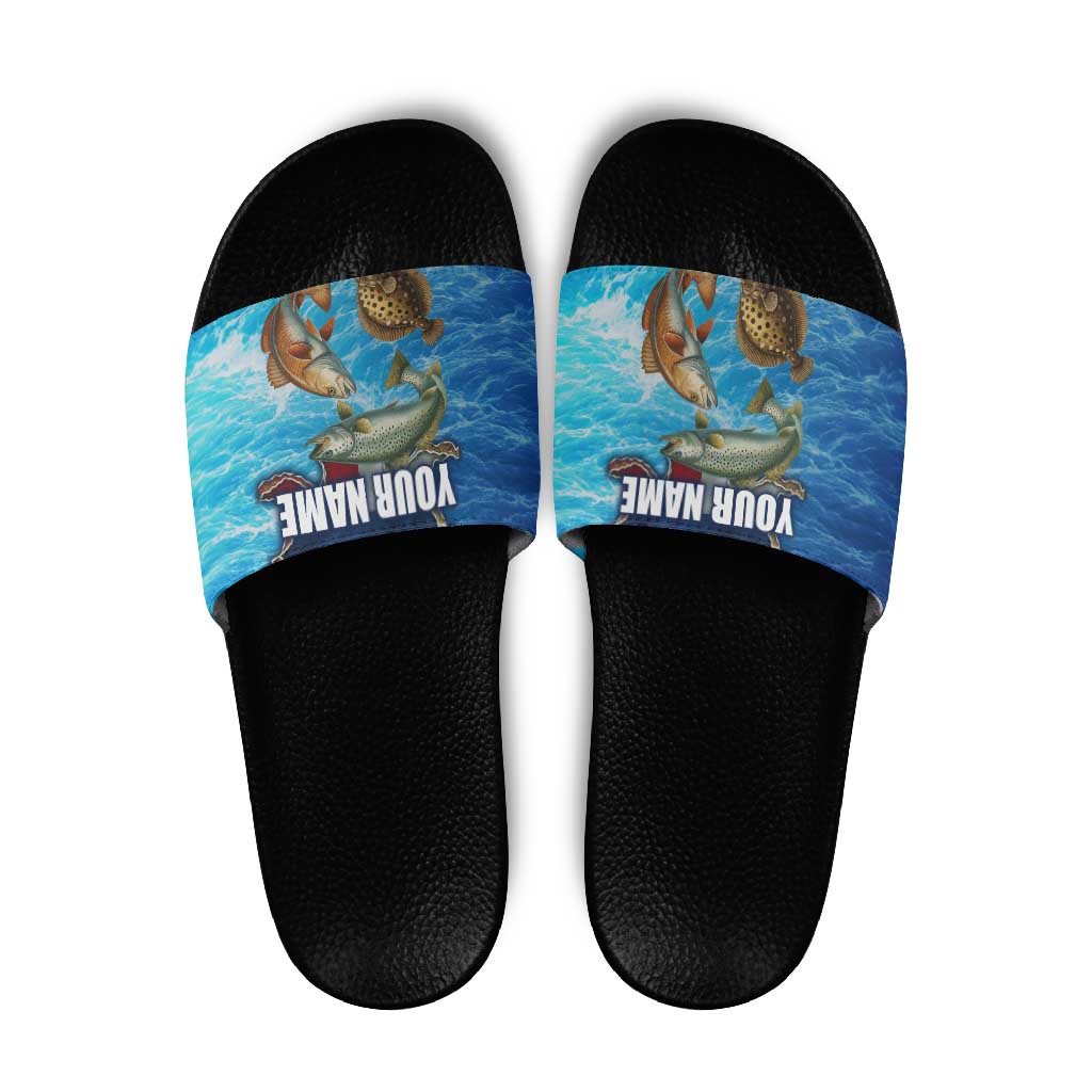 Texas Flag Fishing Slide Sandals with Ocean Fish Graphic and Blue Water Background TS04