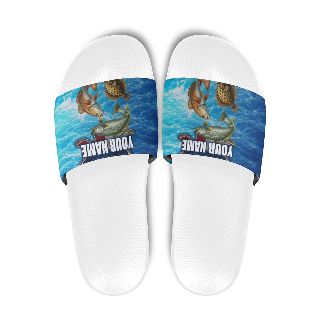 Texas Flag Fishing Slide Sandals with Ocean Fish Graphic and Blue Water Background TS04