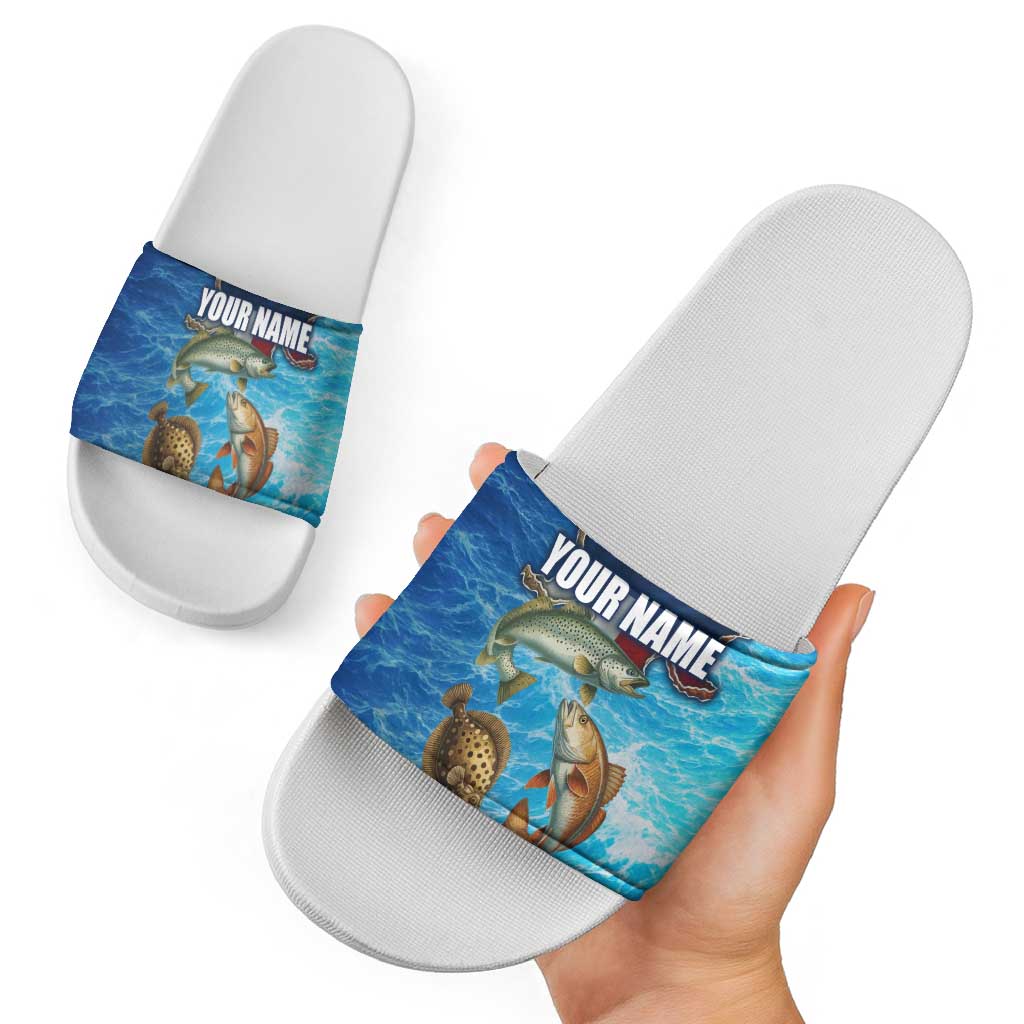 Texas Flag Fishing Slide Sandals with Ocean Fish Graphic and Blue Water Background TS04