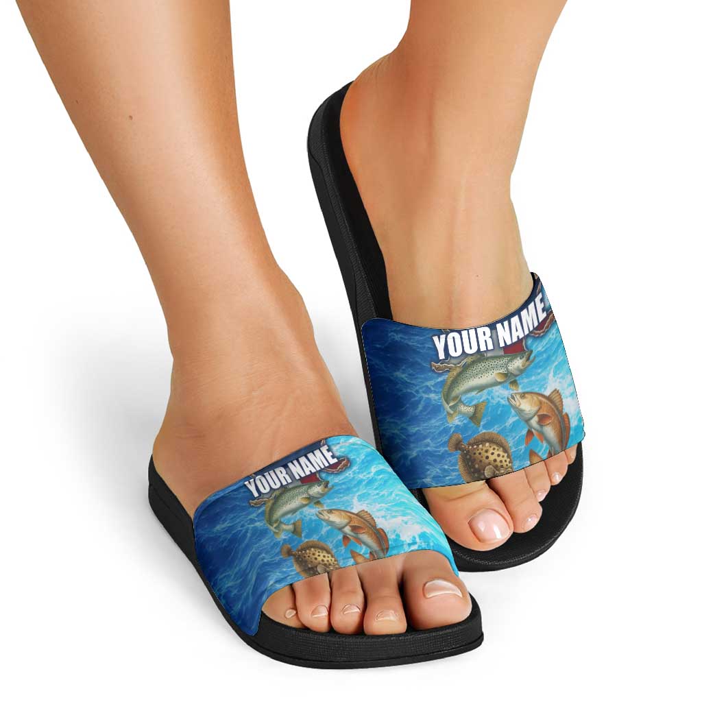 Texas Flag Fishing Slide Sandals with Ocean Fish Graphic and Blue Water Background TS04