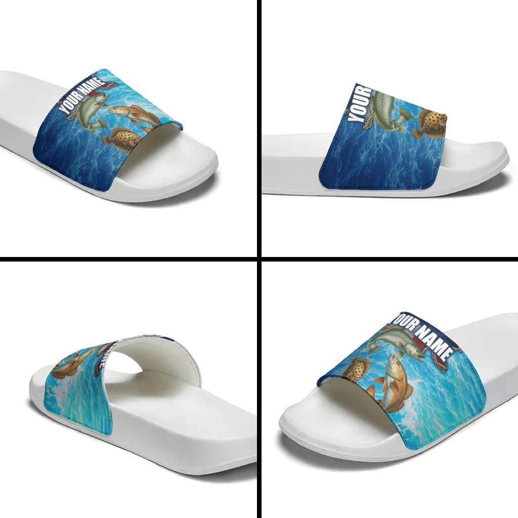 Texas Flag Fishing Slide Sandals with Ocean Fish Graphic and Blue Water Background TS04