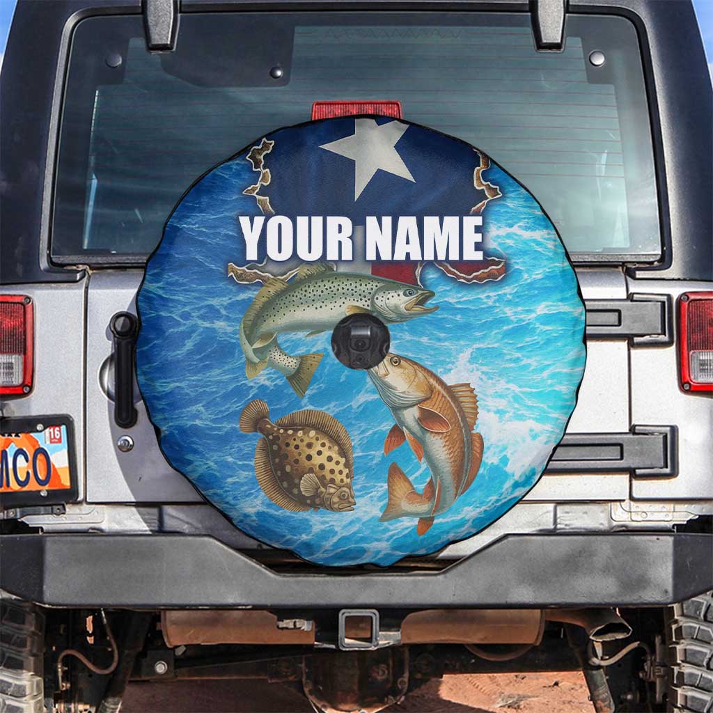 Texas Flag Fishing Spare Tire Cover with Ocean Fish Graphic and Blue Water Background TS04