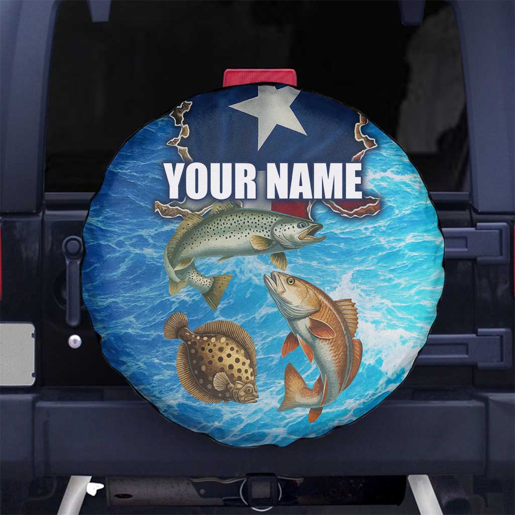 Texas Flag Fishing Spare Tire Cover with Ocean Fish Graphic and Blue Water Background TS04