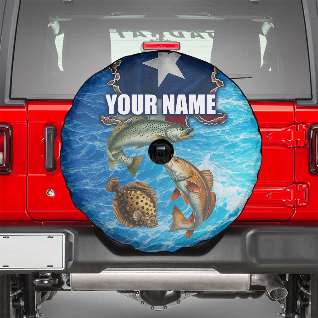 Texas Flag Fishing Spare Tire Cover with Ocean Fish Graphic and Blue Water Background TS04