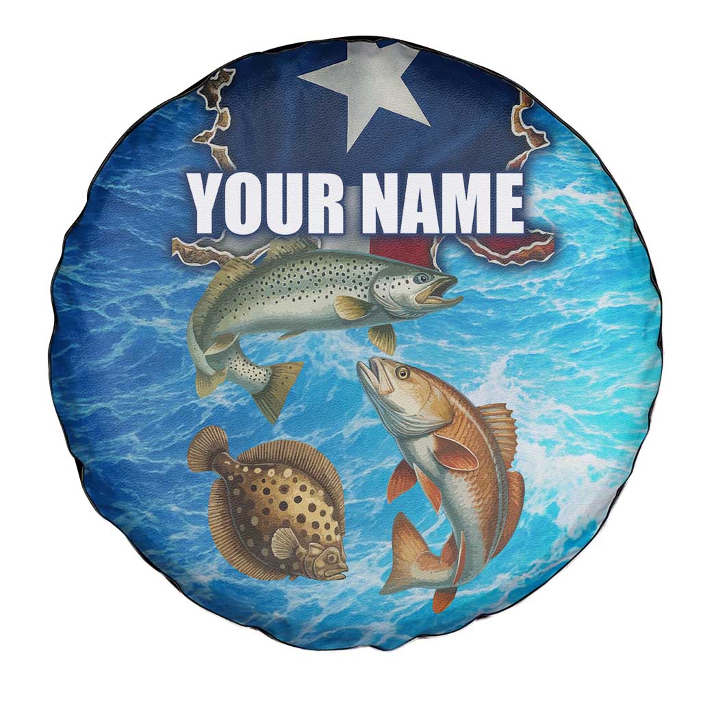 Texas Flag Fishing Spare Tire Cover with Ocean Fish Graphic and Blue Water Background TS04