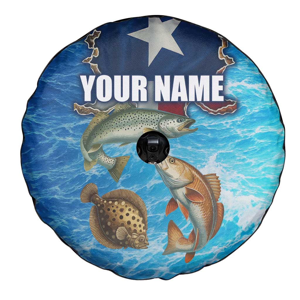 Texas Flag Fishing Spare Tire Cover with Ocean Fish Graphic and Blue Water Background TS04