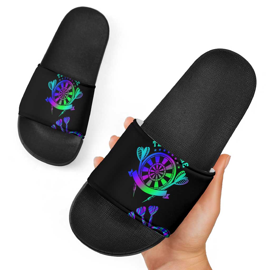 Neon Dartboard Darts Slide Sandals with Colorful Target and Psychedelic Swirl Pattern TS04