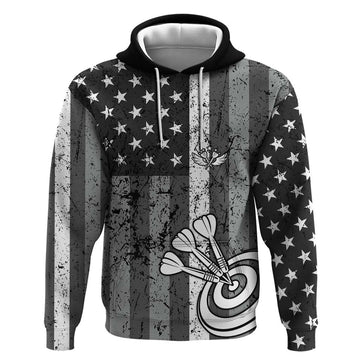 Grunge American Flag Darts Hoodie with Dartboard Target and Black White Stars TS04