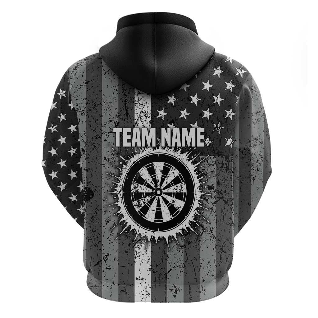 Grunge American Flag Darts Hoodie with Dartboard Target and Black White Stars TS04