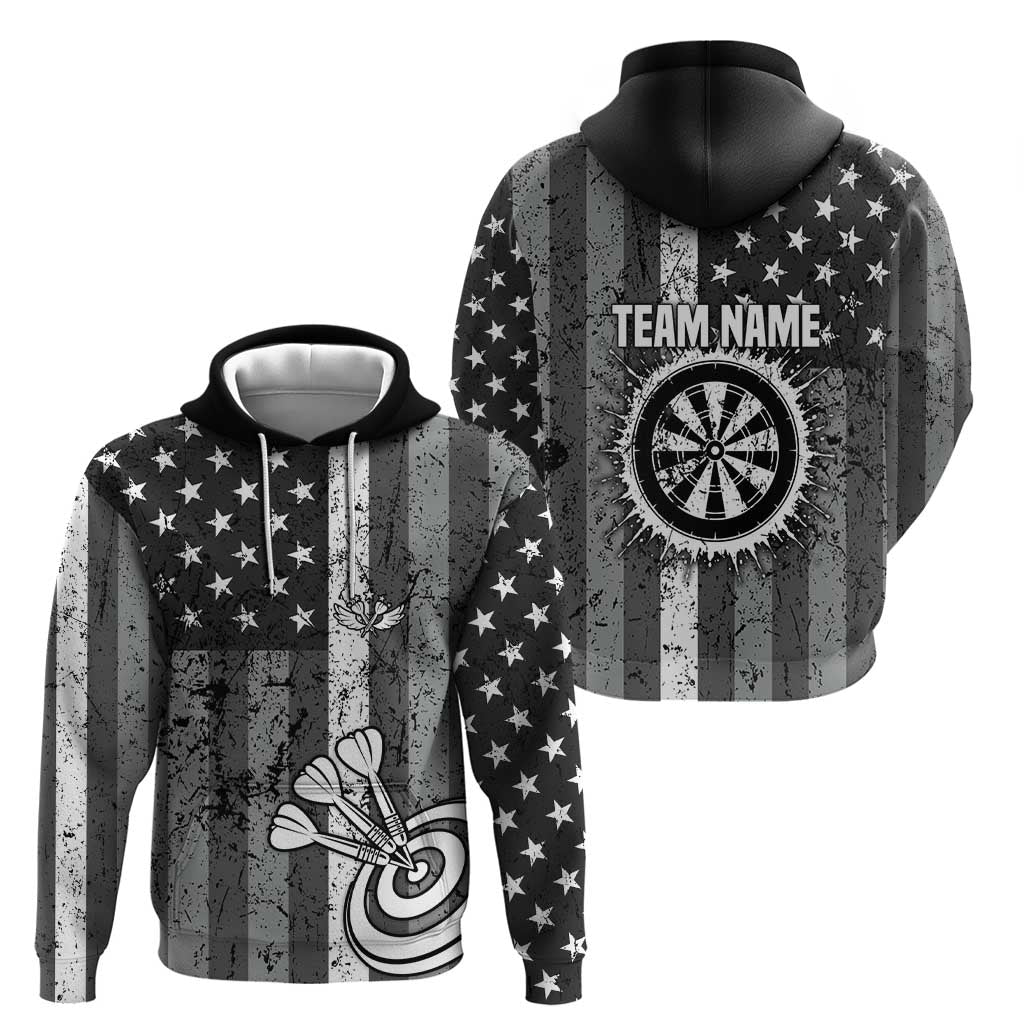 Grunge American Flag Darts Hoodie with Dartboard Target and Black White Stars TS04