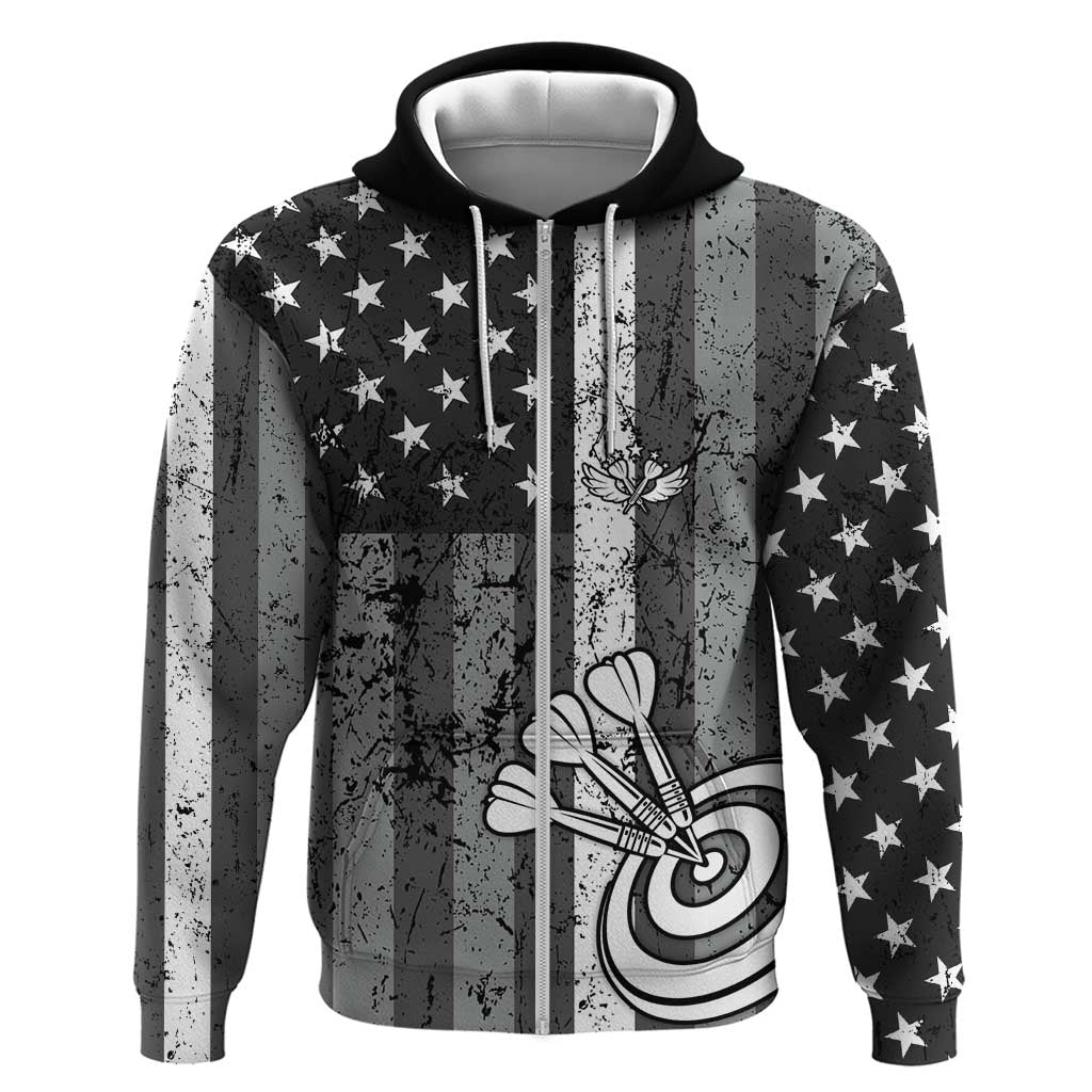 Grunge American Flag Darts Hoodie with Dartboard Target and Black White Stars TS04