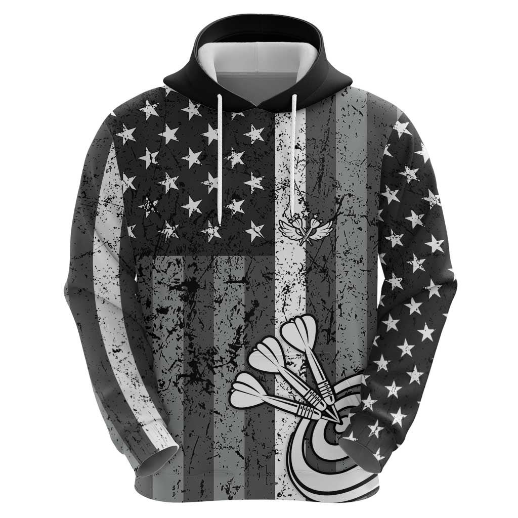 Grunge American Flag Darts Hoodie with Dartboard Target and Black White Stars TS04