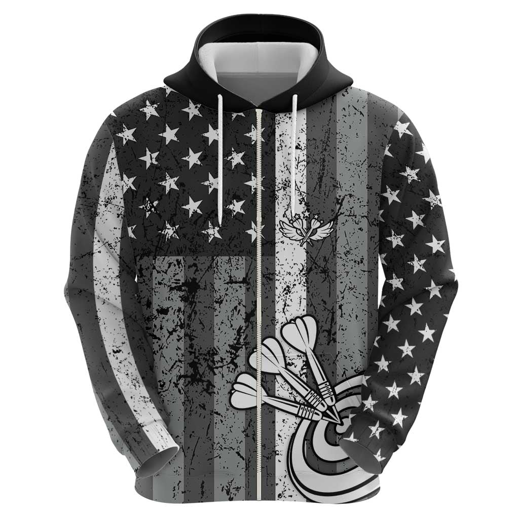 Grunge American Flag Darts Hoodie with Dartboard Target and Black White Stars TS04