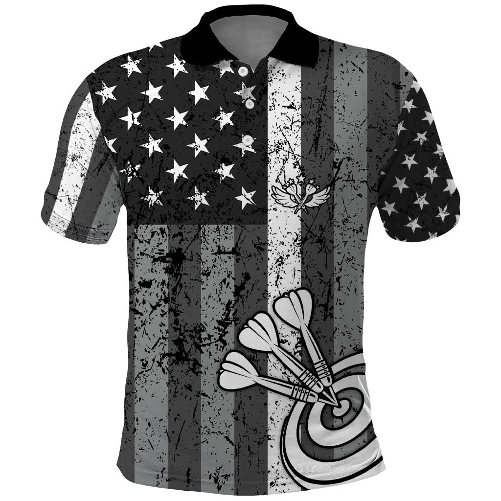 Grunge American Flag Darts Polo Shirt with Dartboard Target and Black White Stars TS04