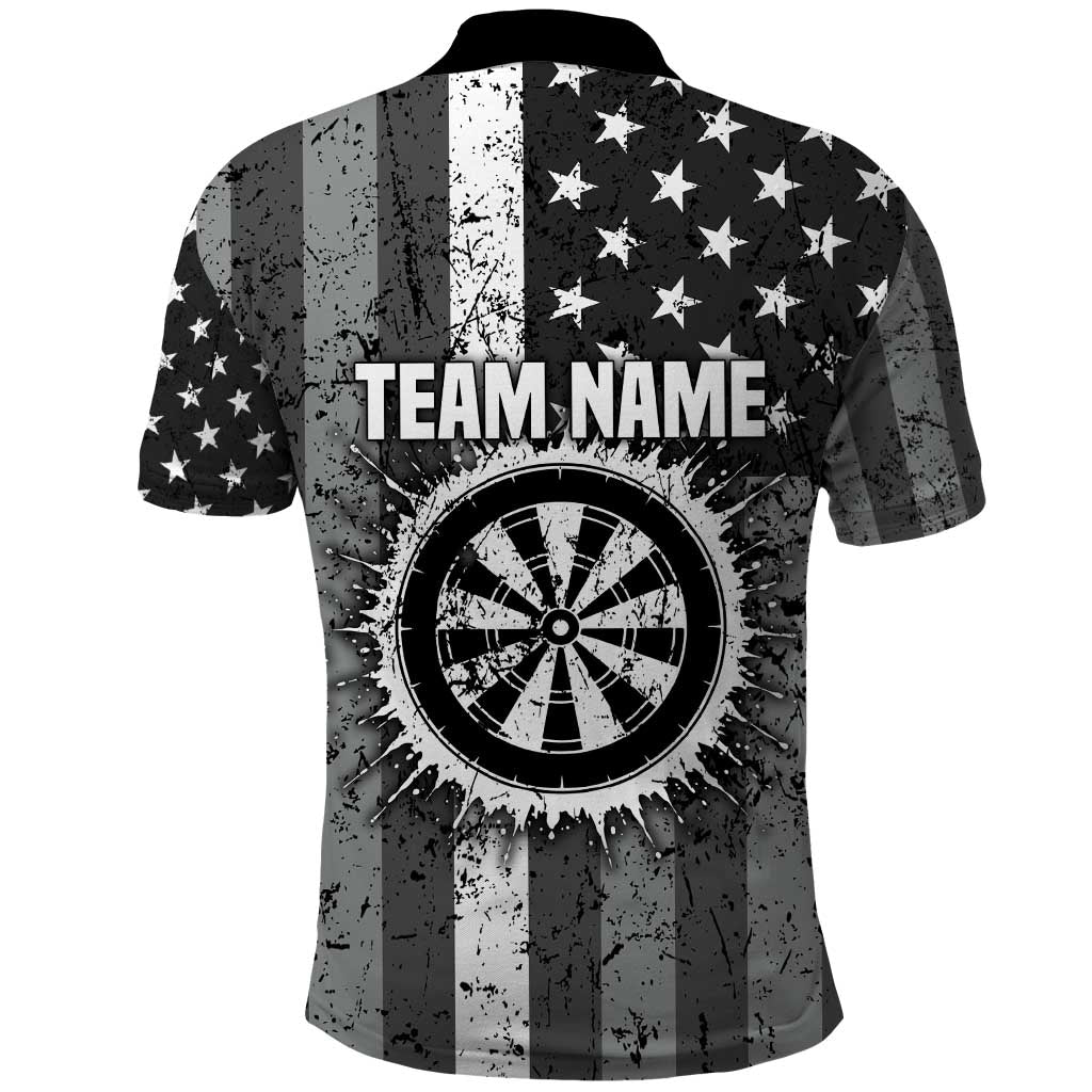 Grunge American Flag Darts Polo Shirt with Dartboard Target and Black White Stars TS04