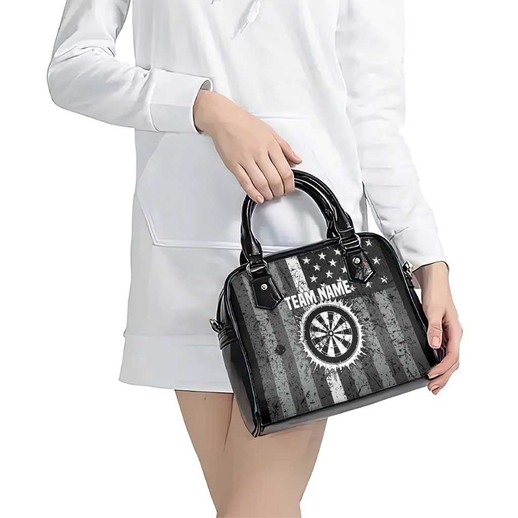 Grunge American Flag Darts Shoulder Handbag with Dartboard Target and Black White Stars TS04