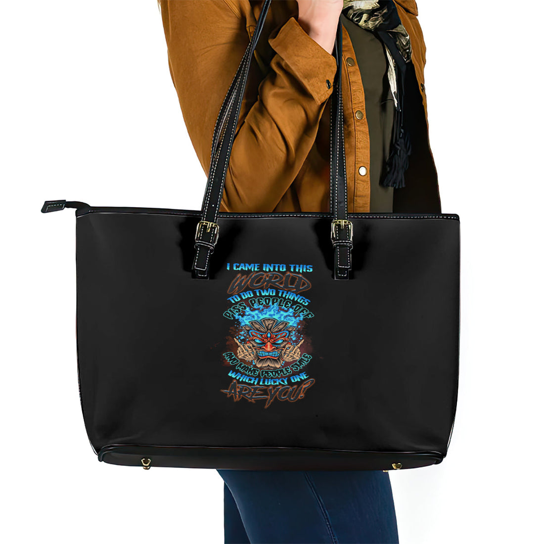 Which Lucky One Are You Skull Tiki Leather Tote Bag TS04