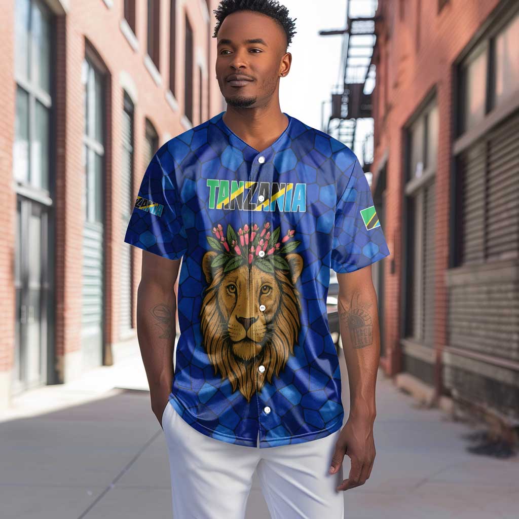 Tanzania Simba Lion Baseball Jersey - Floral Crown and Blue Mosaic Design TS04
