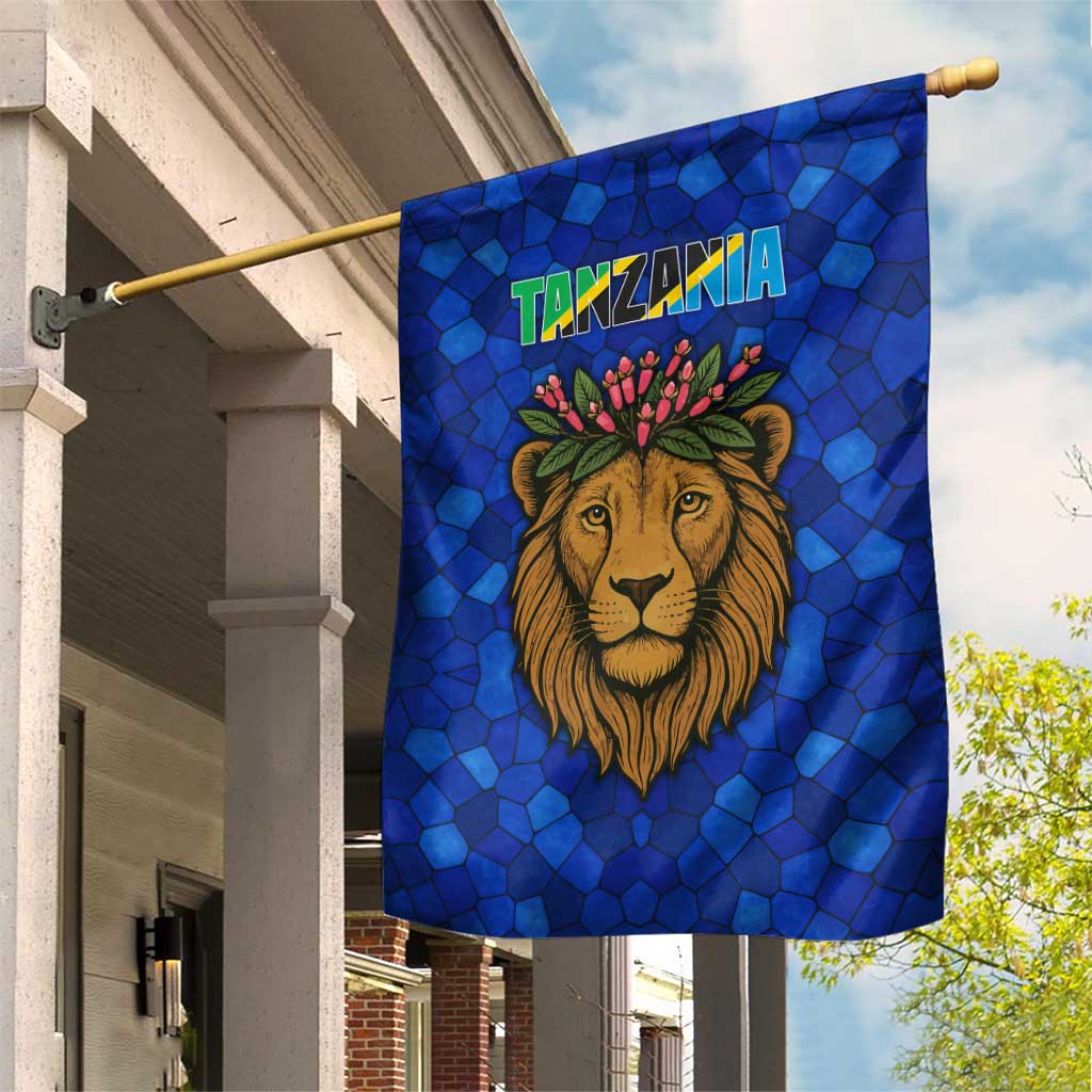 Tanzania Simba Lion Garden Flag - Floral Crown and Blue Mosaic Design TS04