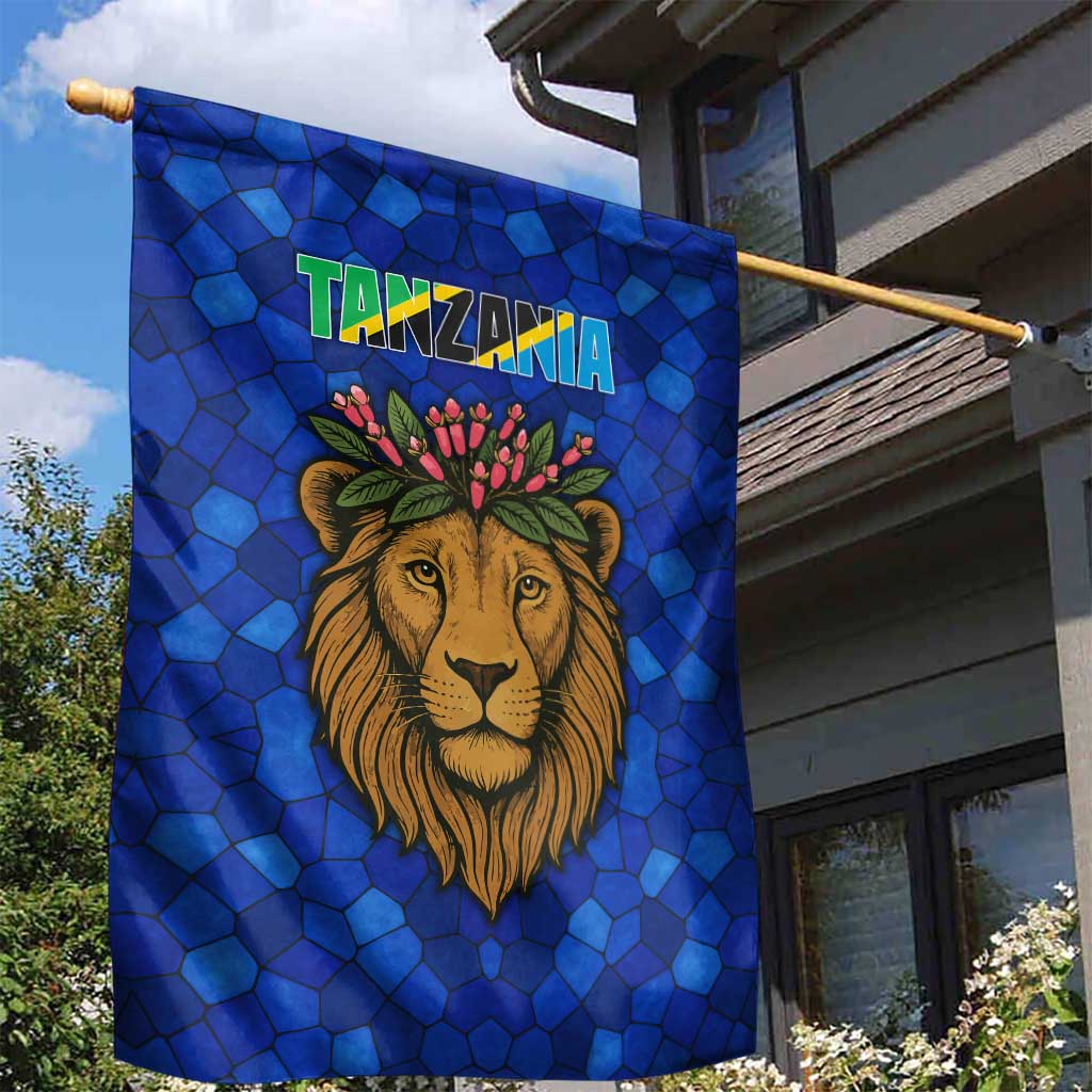 Tanzania Simba Lion Garden Flag - Floral Crown and Blue Mosaic Design TS04