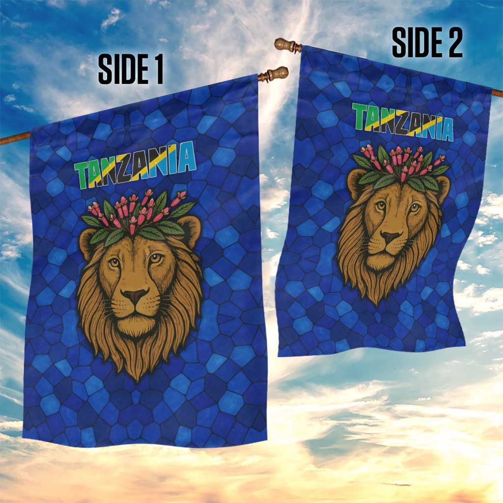 Tanzania Simba Lion Garden Flag - Floral Crown and Blue Mosaic Design TS04