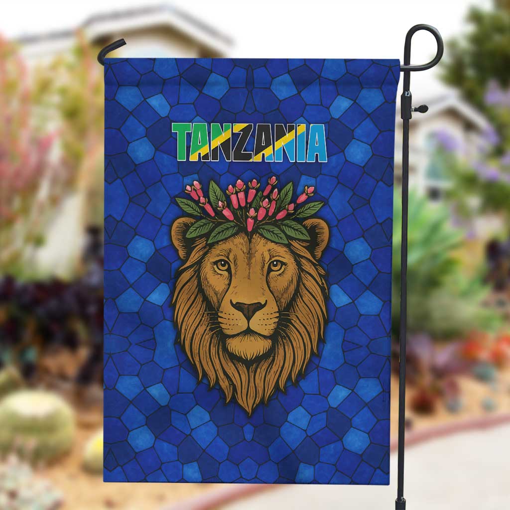 Tanzania Simba Lion Garden Flag - Floral Crown and Blue Mosaic Design TS04