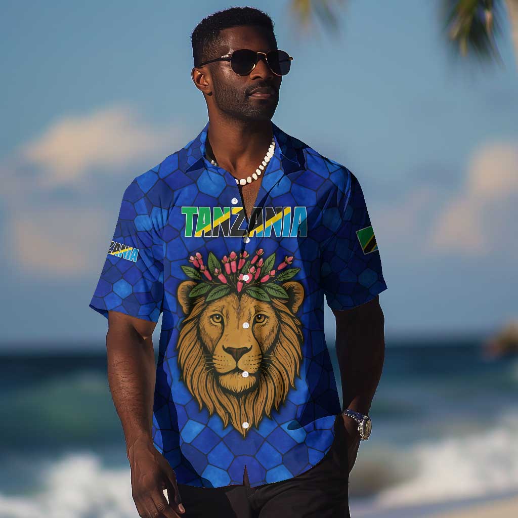 Tanzania Simba Lion Hawaiian Shirt - Floral Crown and Blue Mosaic Design TS04