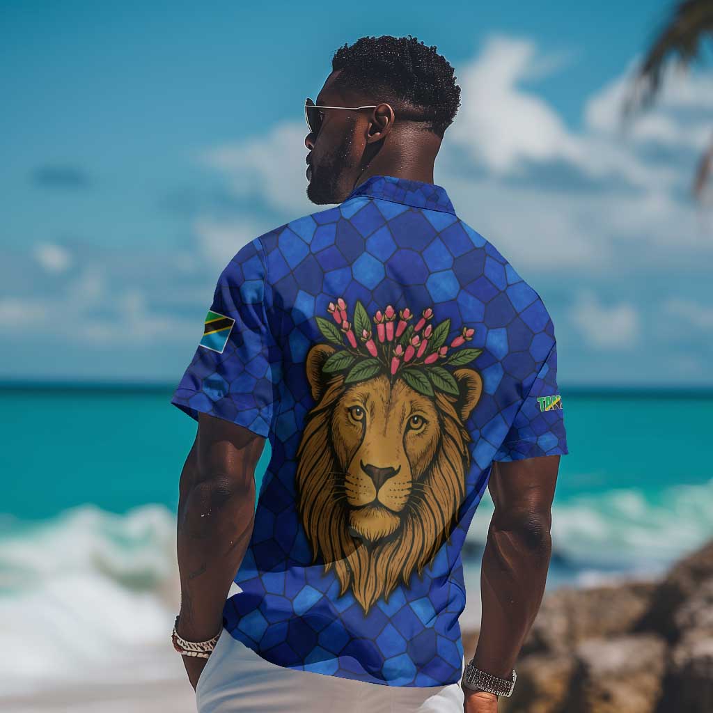 Tanzania Simba Lion Hawaiian Shirt - Floral Crown and Blue Mosaic Design TS04