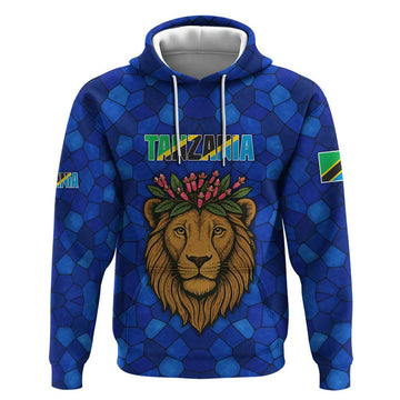 Tanzania Simba Lion Hoodie with Floral Crown and Blue Mosaic Design TS04