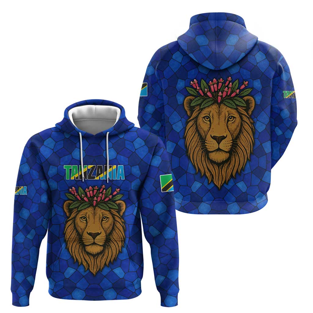 Tanzania Simba Lion Hoodie with Floral Crown and Blue Mosaic Design TS04