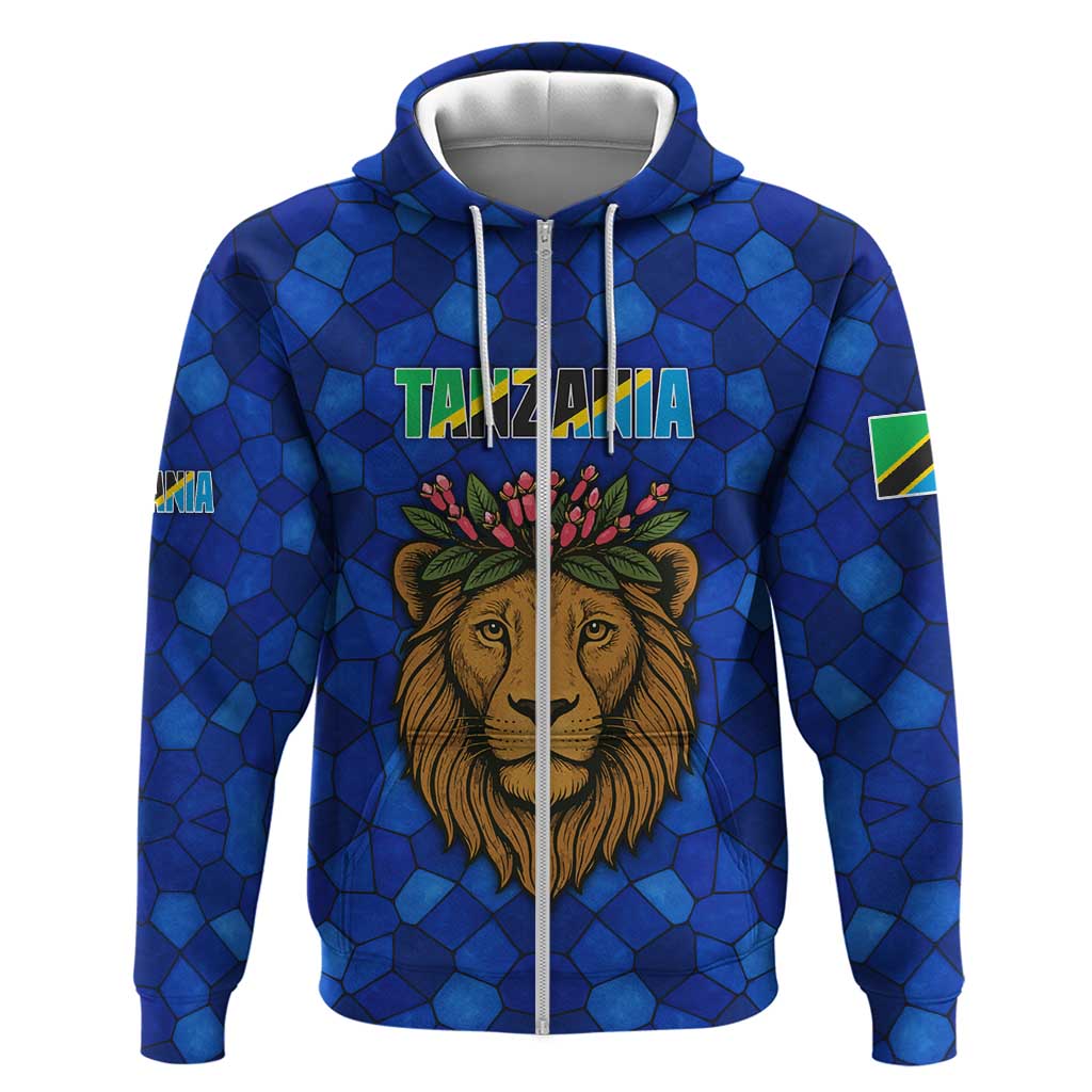 Tanzania Simba Lion Hoodie with Floral Crown and Blue Mosaic Design TS04