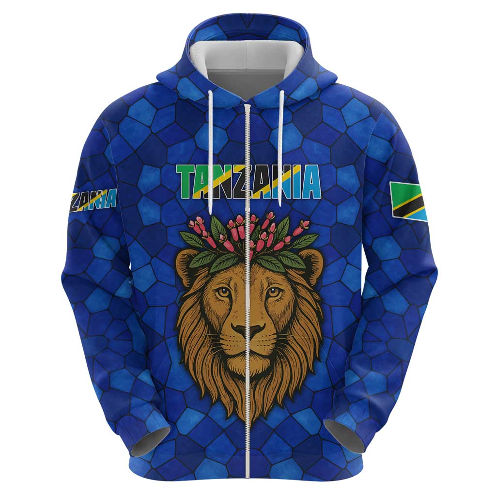Tanzania Simba Lion Hoodie with Floral Crown and Blue Mosaic Design TS04