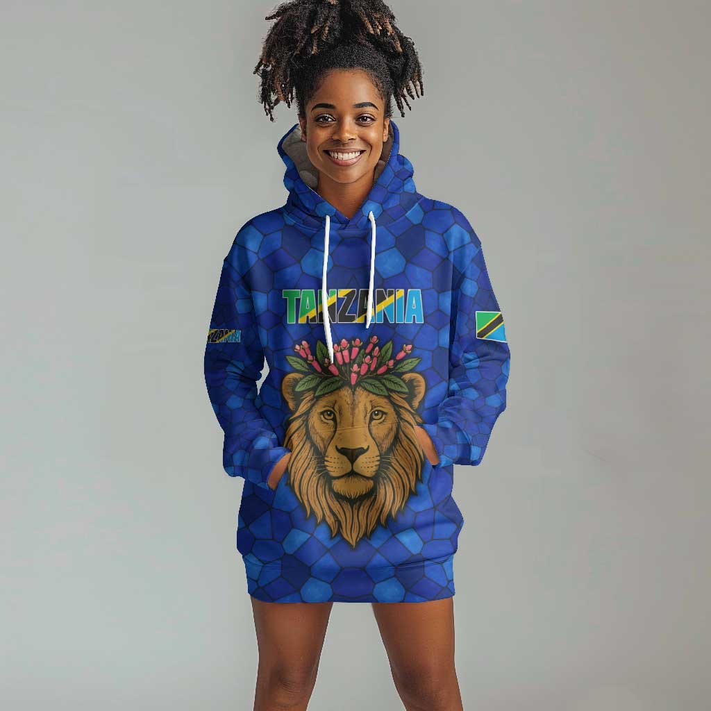 Tanzania Simba Lion Hoodie Dress - Floral Crown and Blue Mosaic Design TS04