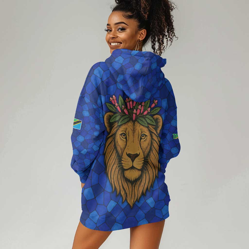 Tanzania Simba Lion Hoodie Dress - Floral Crown and Blue Mosaic Design TS04