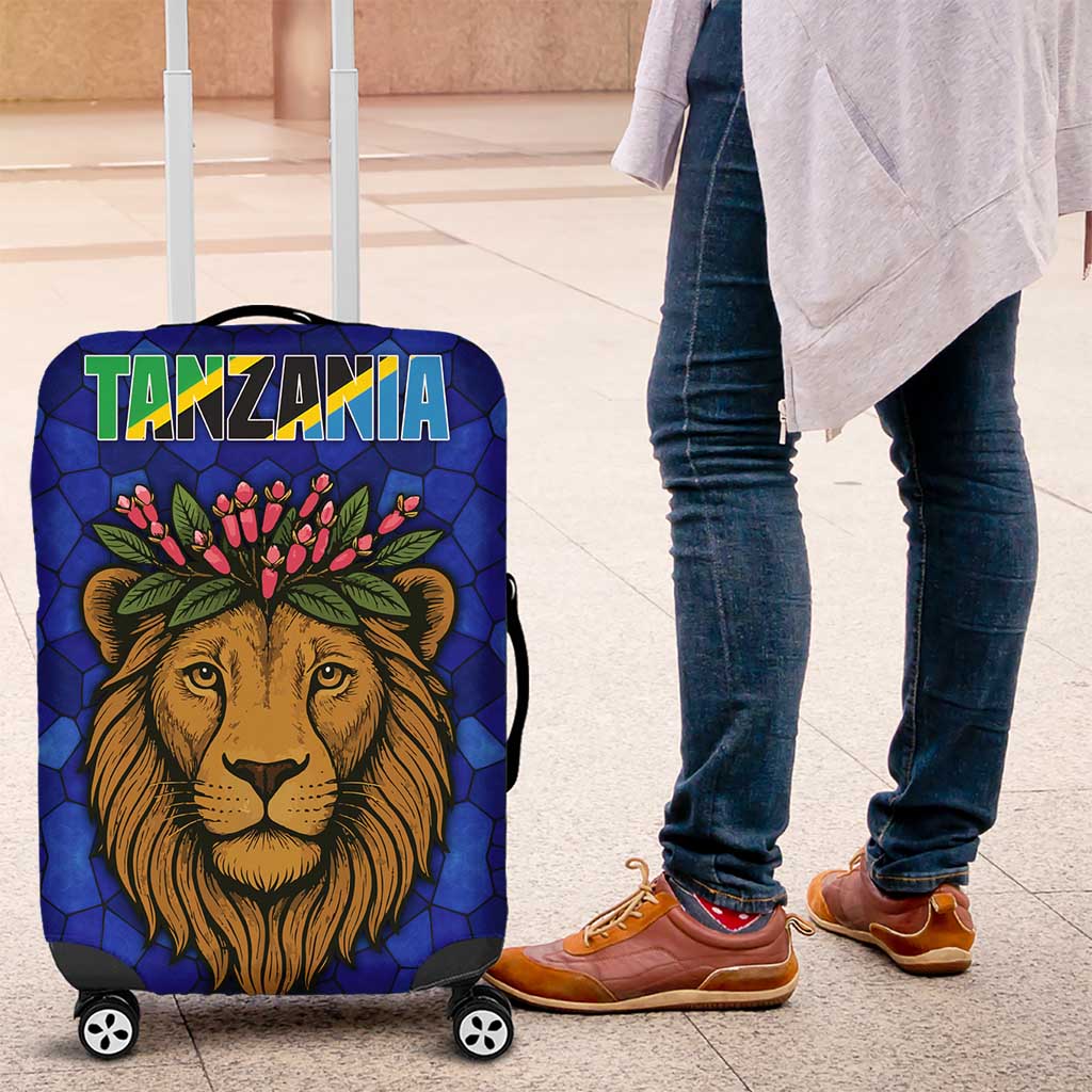 Tanzania Simba Lion Luggage Cover with Floral Crown and Blue Mosaic Design TS04